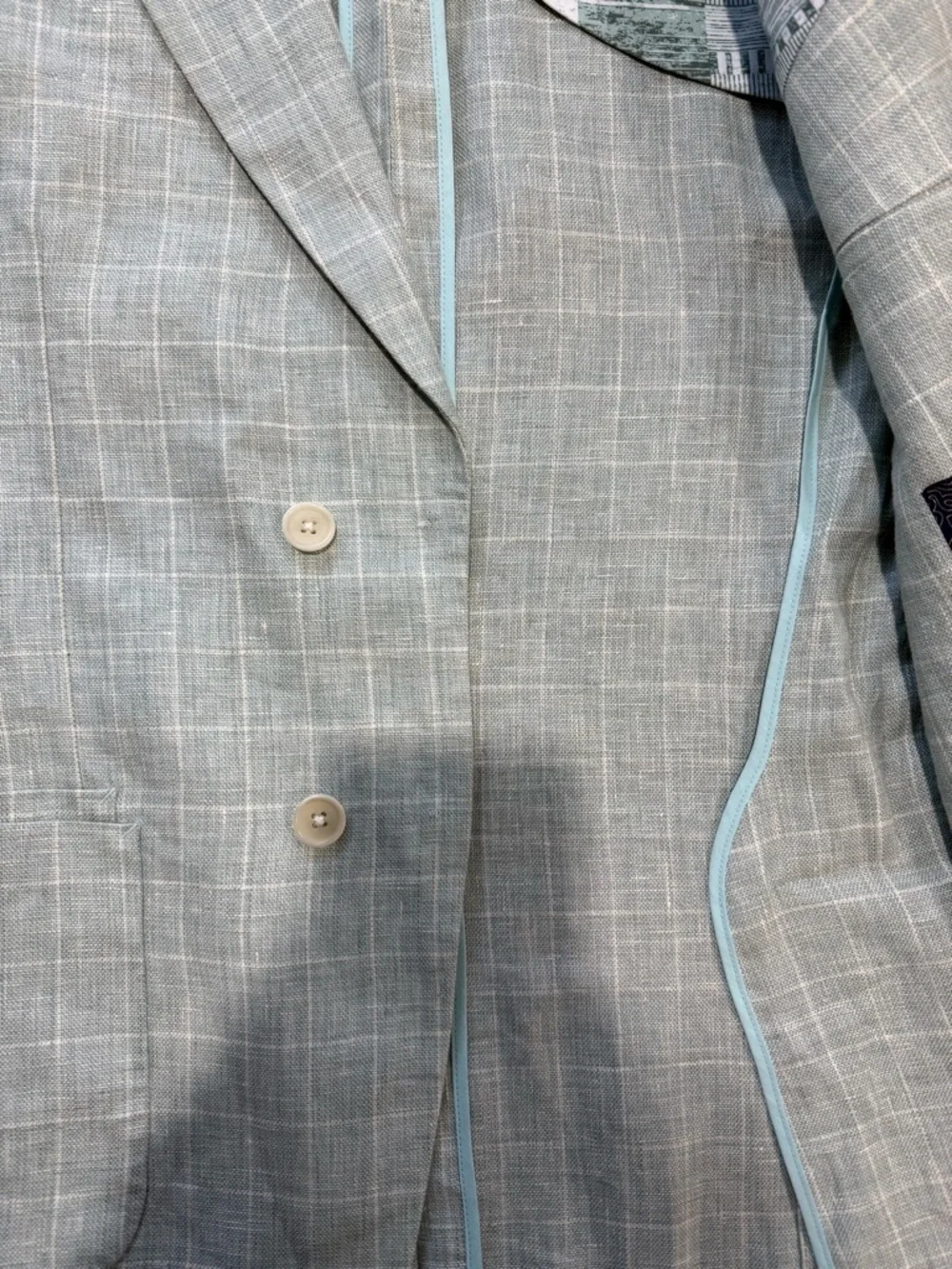 ASUKA Windowpane Blazer Cotton Linen Blend Lightweight Tailored Jacket Seafoam